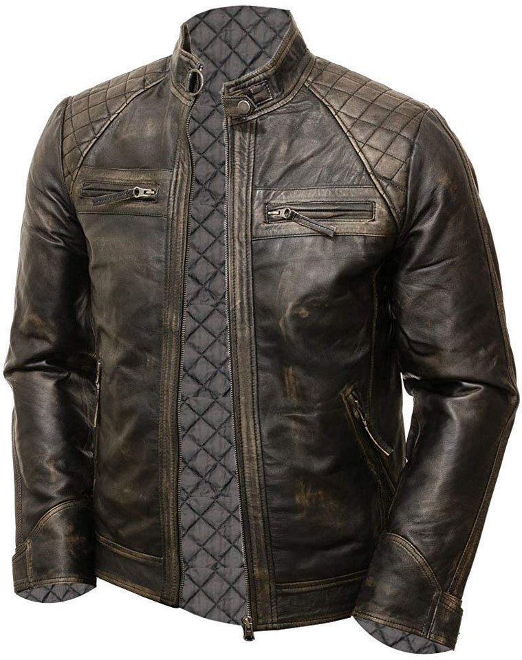 Chicago Super Fashions Cafe Racer - Chamarra de Piel Envejecida para Moto