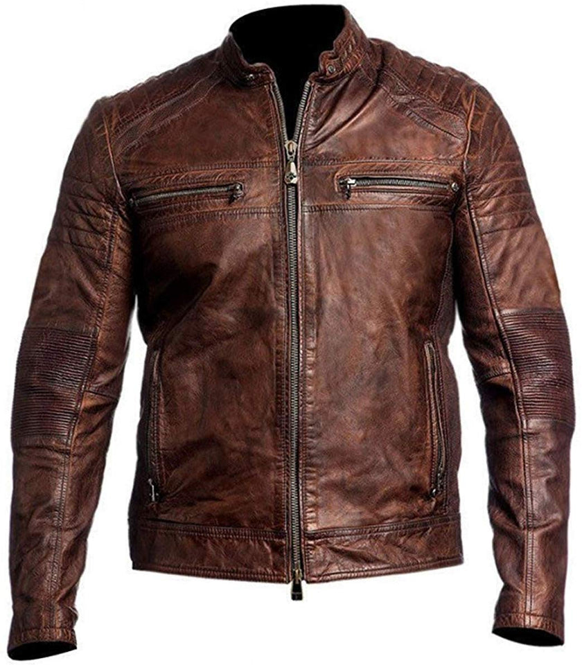 Chicago Super Fashions Cafe Racer - Chamarra de Piel Envejecida para Moto