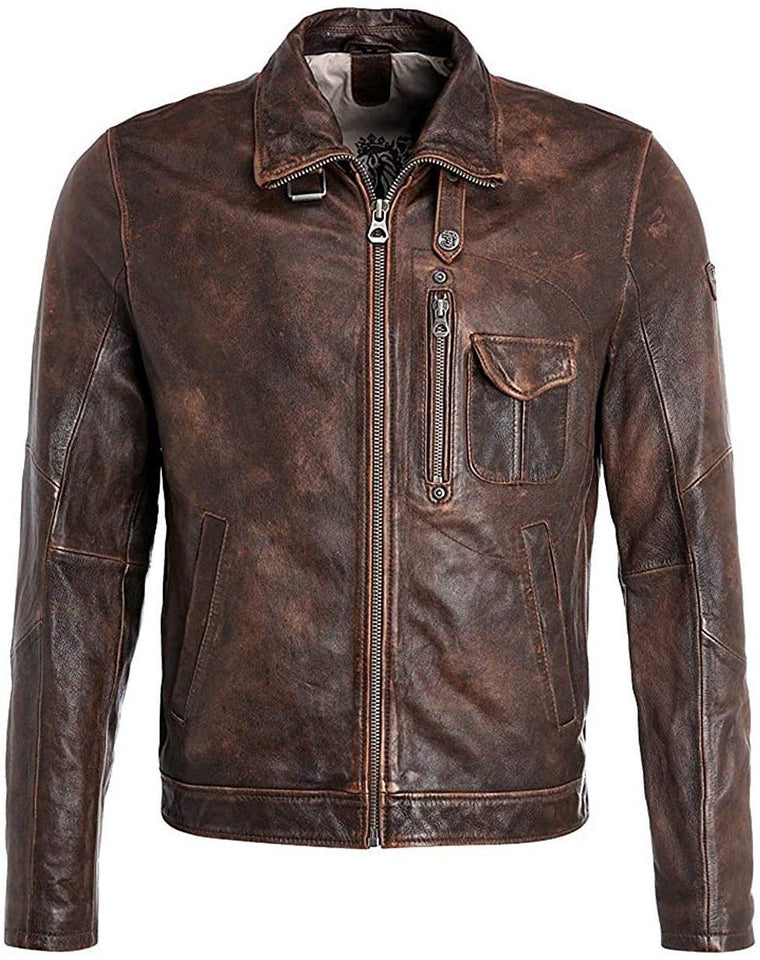 Chicago Super Fashions Cafe Racer - Chamarra de Piel Envejecida para Moto