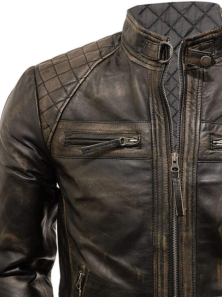 Chicago Super Fashions Cafe Racer - Chamarra de Piel Envejecida para Moto