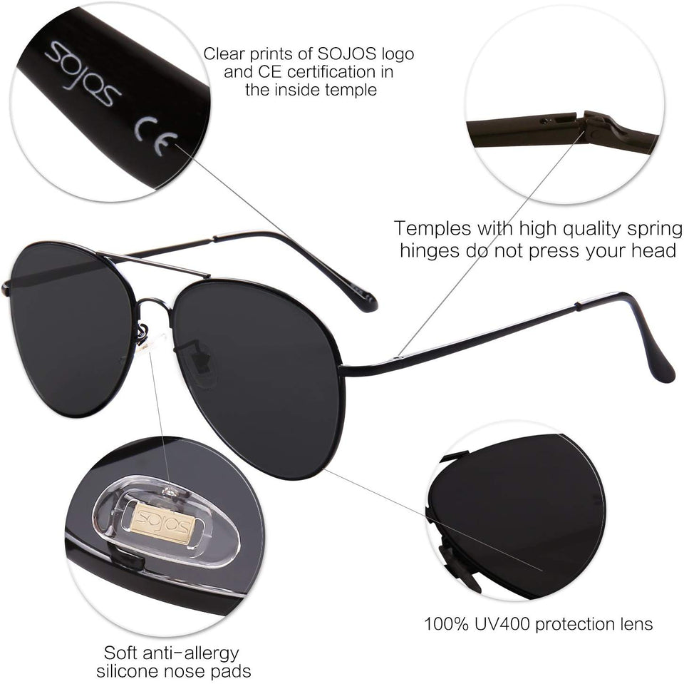 Sojos Gafas De Sol Aviador Clásico Unisex Marco Metal Lente Espejo Doble Puente SJ1030